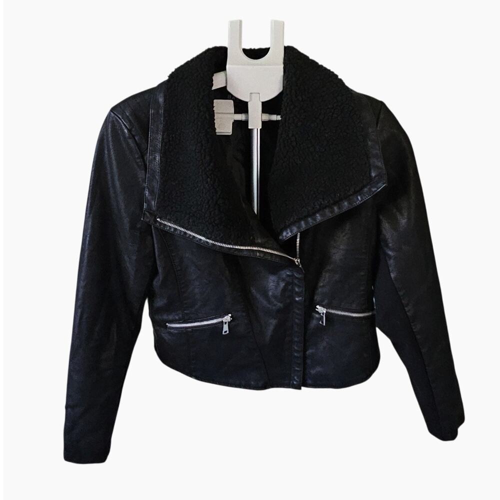 Baccini Faux Leather Moto Jacket with Sherpa Collar Women's SZ PL
